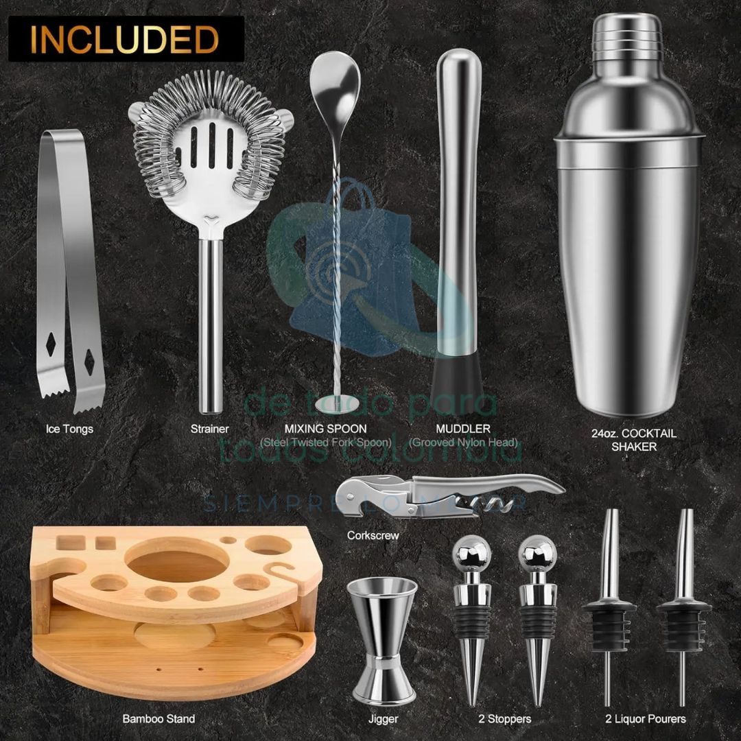KIT DE COCTELERIA 12 PIEZAS BASE MADERA OVALADA