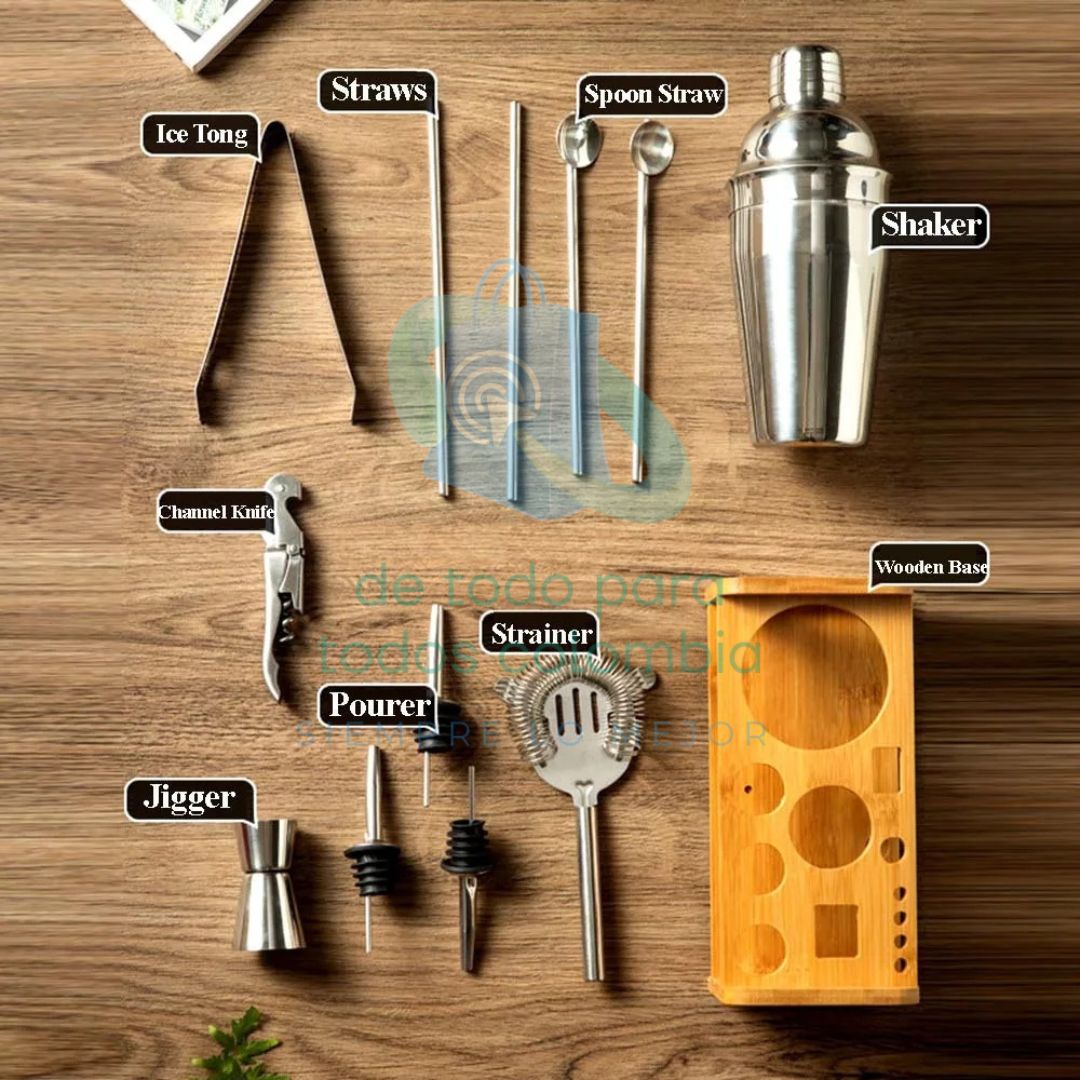 👌 KIT DE COCTELERIA 13 PIEZAS CON BASE + CURSO GRATIS + OBSEQUIO ✔