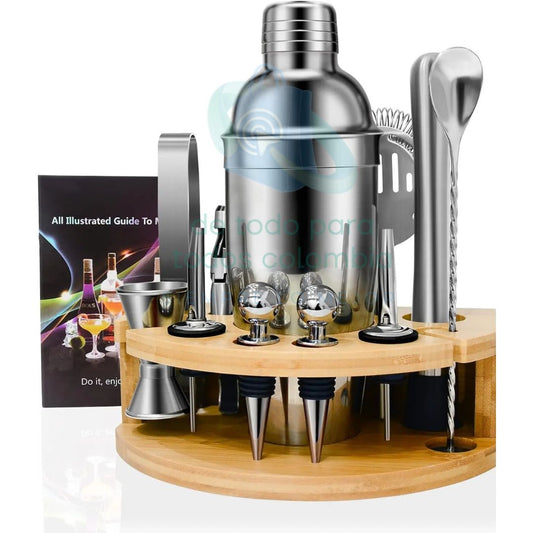 KIT DE COCTELERIA 12 PIEZAS BASE MADERA OVALADA